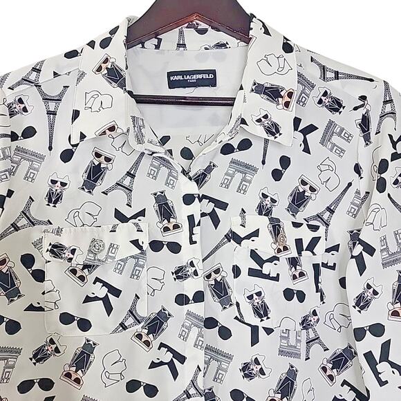 Karl Lagerfeld Paris Cat Print Button Up Shirt Pink Accents Roll Tab Sleeve L Fi - Picture 3 of 8